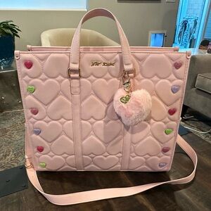 Betsey Johnson Pink Heart Embossed Tote with Crossbody Strap, Conversation Heart